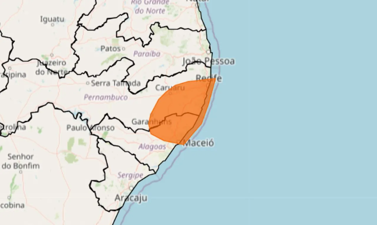 O mapa mostra as &aacute;reas em alerta para chuva intensa e ventos fortes